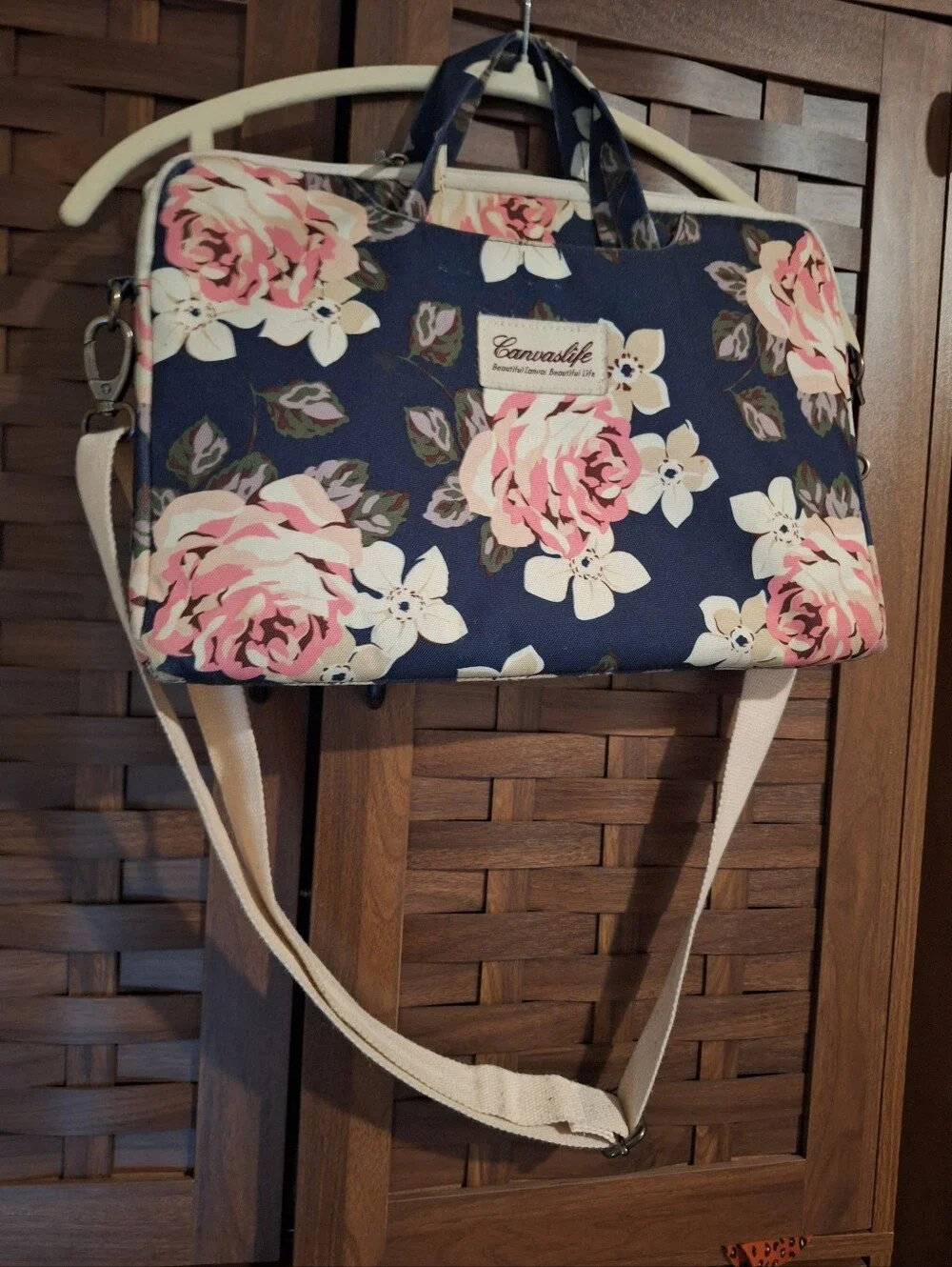 Laptop Messenger Bag Navy Floral Crossbody Bag with Pink Roses